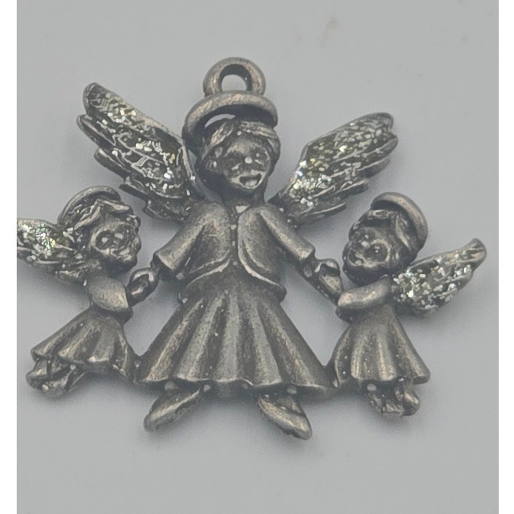 Vintage Silver Tone Angel Pendant Charm Cherubs Textured Wings Costume Jewelry